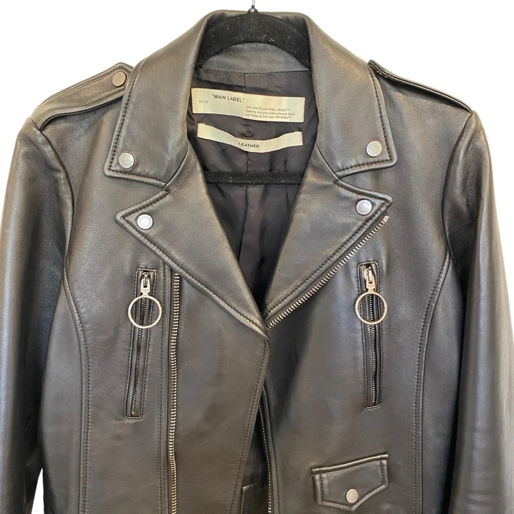 Off-White Virgil Abloh Black Leather Jacket With Metallic Silver X Size 44